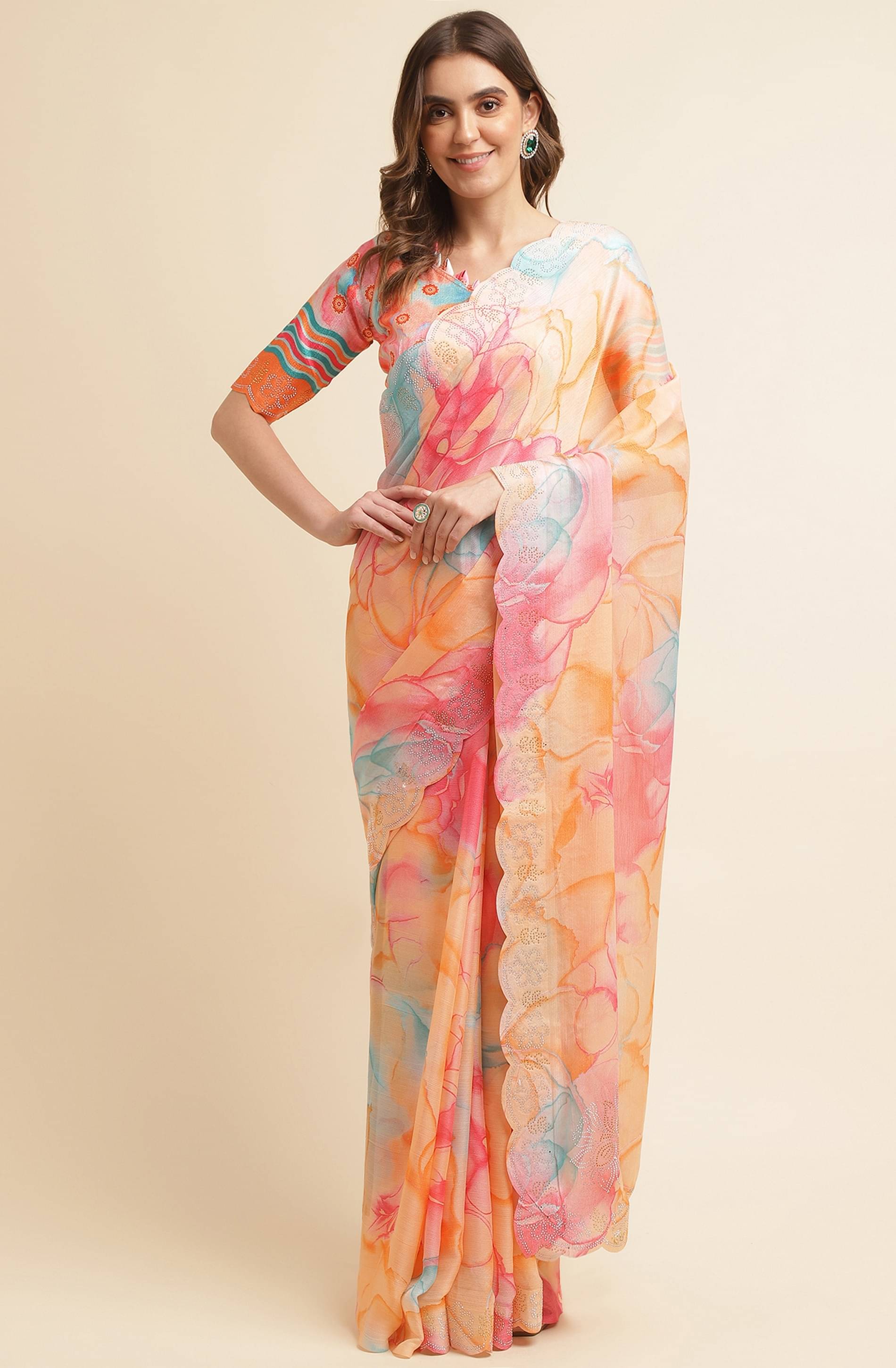 Rekha Maniyar Chiffon Printed Saree With Unstitched Blouse Piece ( Orange ) Rekha Maniyar Chiffon Printed Saree With Unstitched Blouse Piece ( Orange )