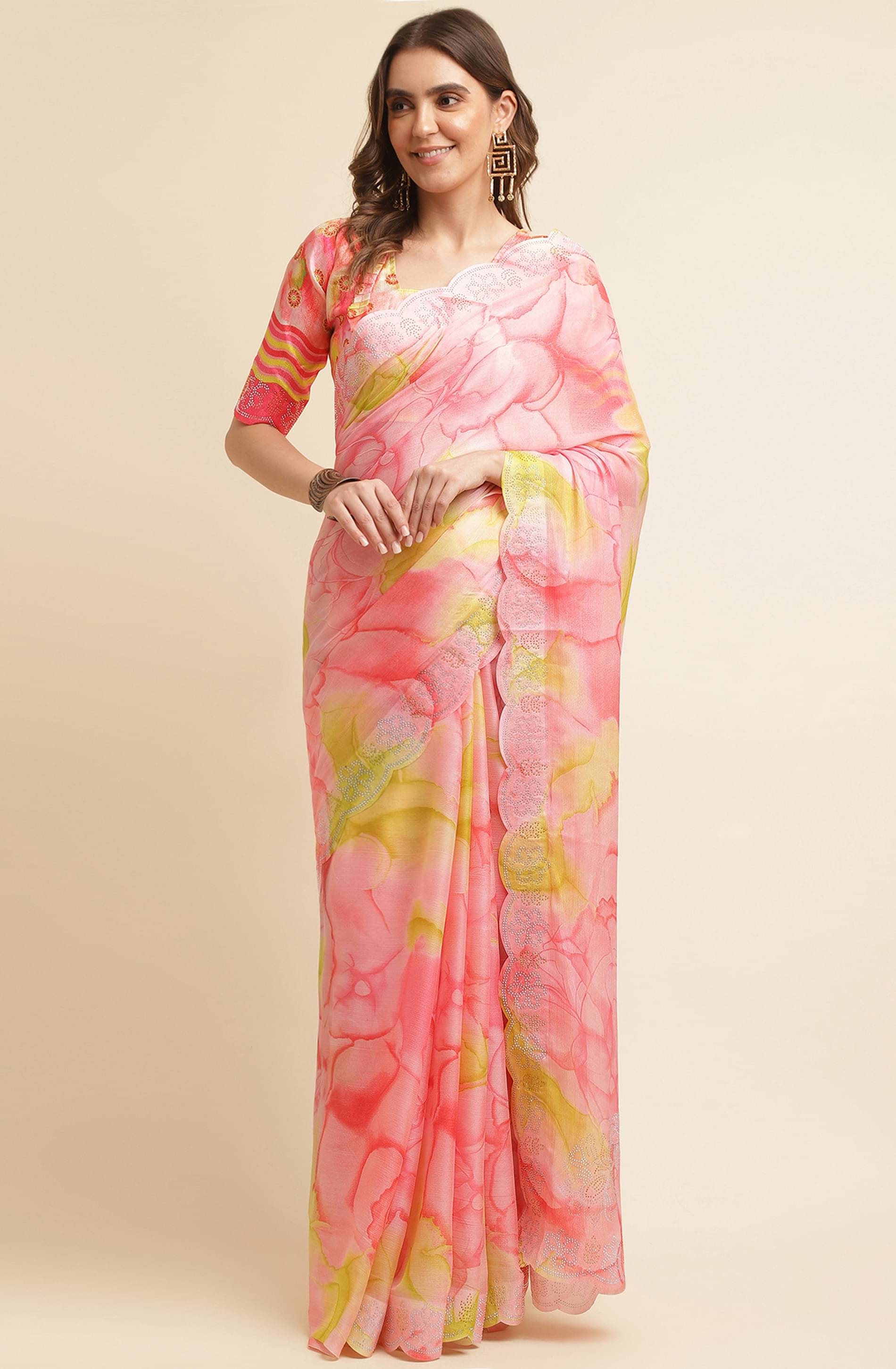     			Rekha Maniyar Chiffon Printed Saree With Unstitched Blouse Piece ( Peach )