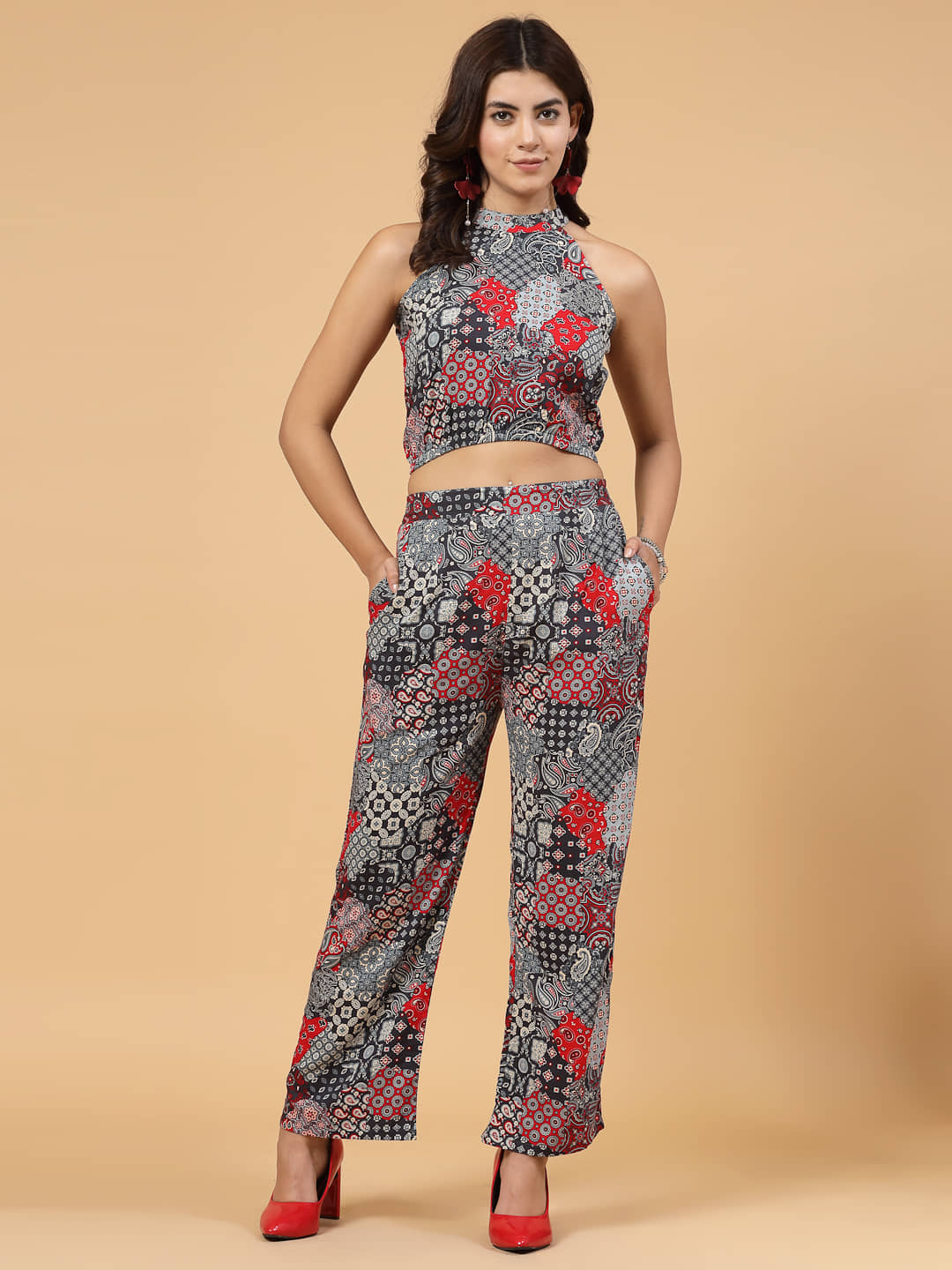 Rigo Women Printed Top With Trousers Co-Ord Set ( Blue )
