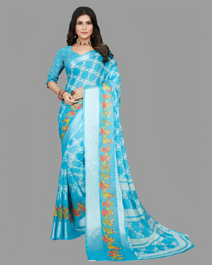 Sanwariya Silks Chiffon Printed Saree With Unstitched Blouse Piece ( Turquoise ) Sanwariya Silks Chiffon Printed Saree With Unstitched Blouse Piece ( Turquoise )