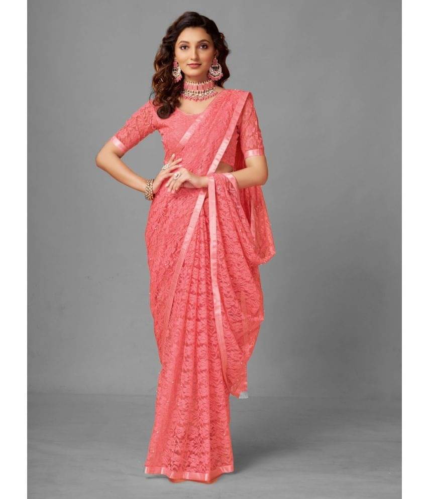 VANRAJ CREATION Brasso Self Design Saree With Unstitched Blouse Piece ( Coral ) VANRAJ CREATION Brasso Self Design Saree With Unstitched Blouse Piece ( Coral )
