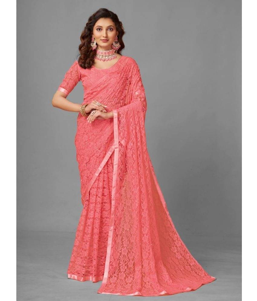 VANRAJ CREATION Brasso Self Design Saree With Unstitched Blouse Piece ( Coral ) VANRAJ CREATION Brasso Self Design Saree With Unstitched Blouse Piece ( Coral )