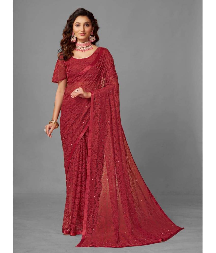     			VANRAJ CREATION Brasso Self Design Saree With Unstitched Blouse Piece ( Maroon )