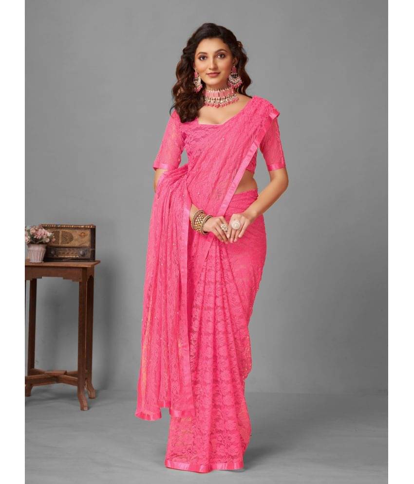     			VANRAJ CREATION Brasso Self Design Saree With Unstitched Blouse Piece ( Pink )