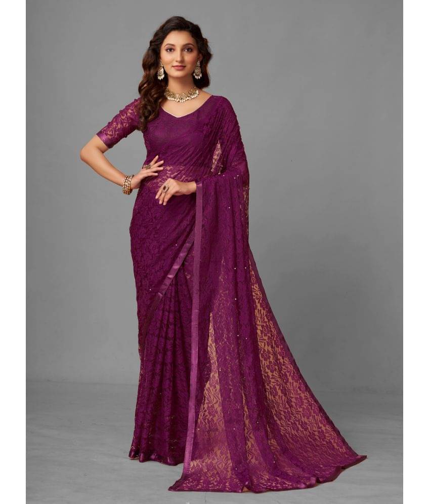     			VANRAJ CREATION Brasso Self Design Saree With Unstitched Blouse Piece ( Purple )
