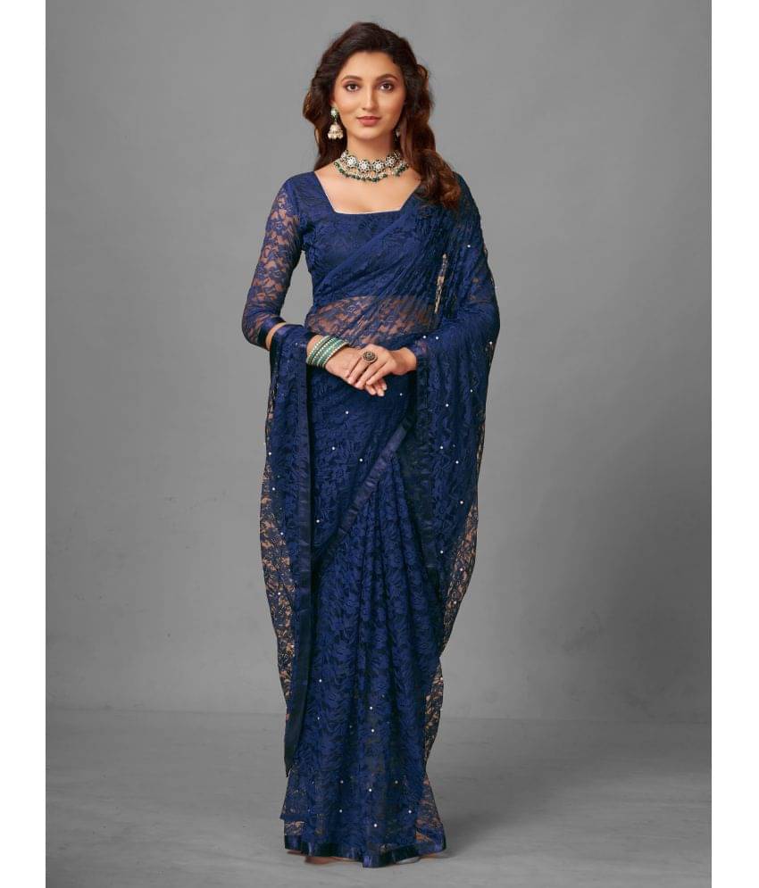    			VANRAJ CREATION Brasso Self Design Saree With Unstitched Blouse Piece ( Navy Blue )