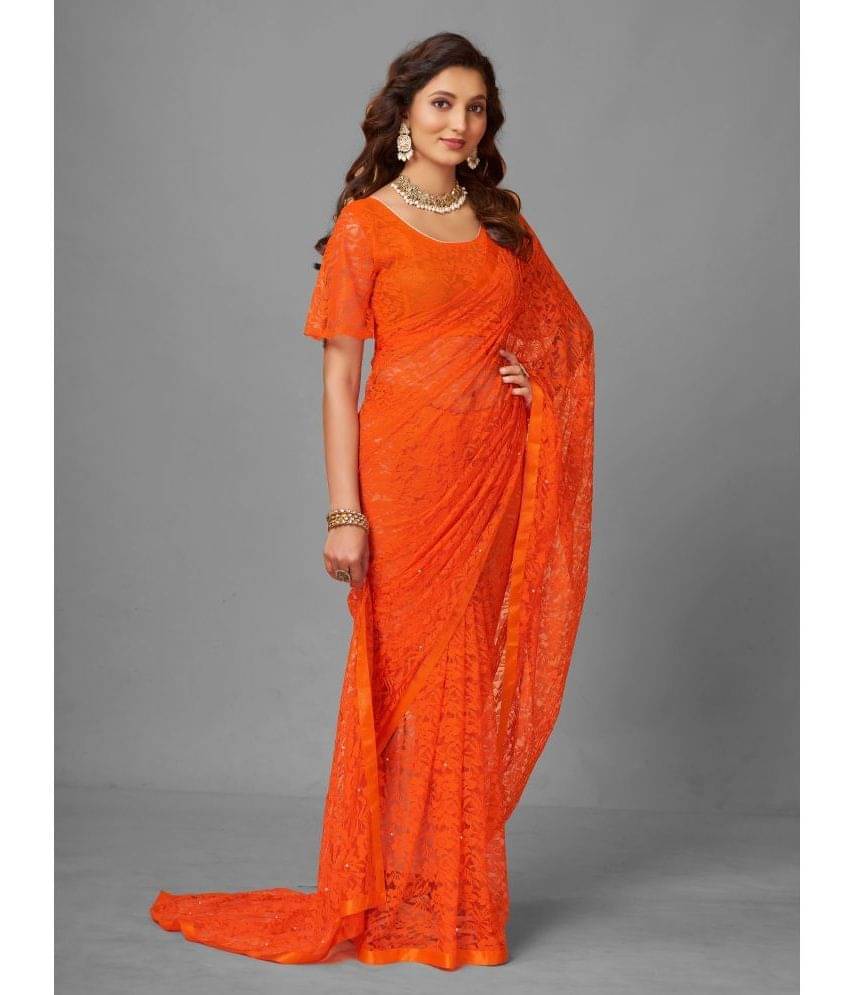     			VANRAJ CREATION Brasso Self Design Saree With Unstitched Blouse Piece ( Orange )