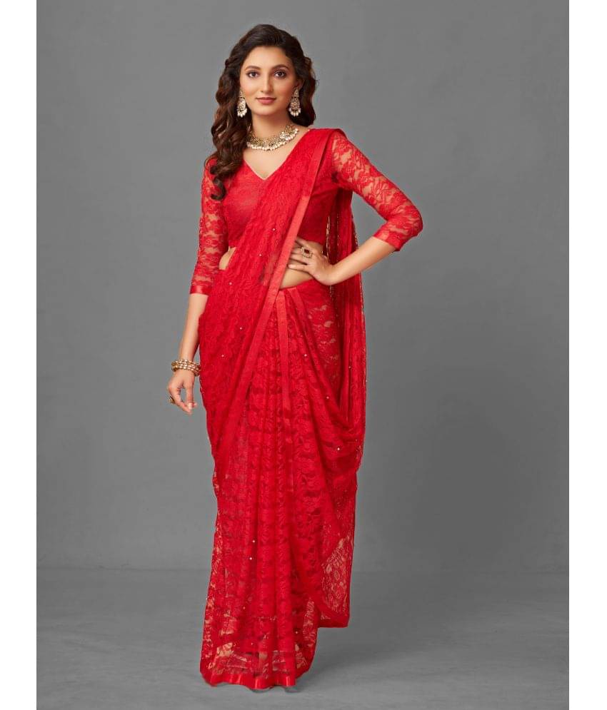     			VANRAJ CREATION Brasso Self Design Saree With Unstitched Blouse Piece ( Red )