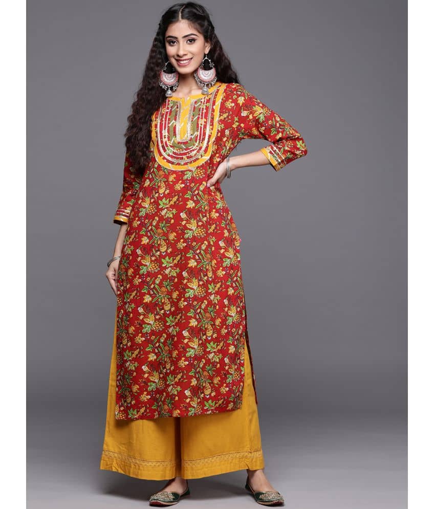 Varanga Cotton Embellished Straight Women's Kurti - Red ( Pack of 1 ) - Kurtis, Tunics | Buy online on ZillyBuy
