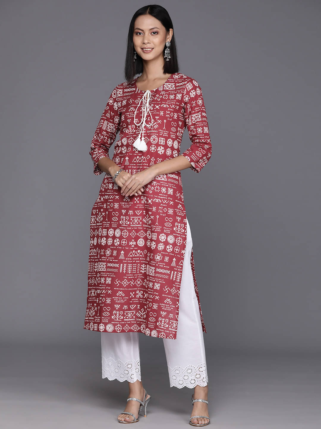     			Varanga Cotton Printed Straight Women's Kurti - Maroon ( Pack of 1 )