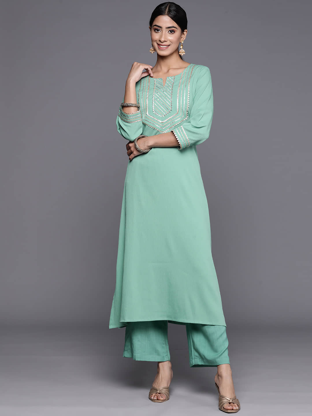 Varanga Crepe Embellished Straight Women's Kurti - Sea Green ( Pack of 1 ) - Kurtis, Tunics | Buy online on ZillyBuy