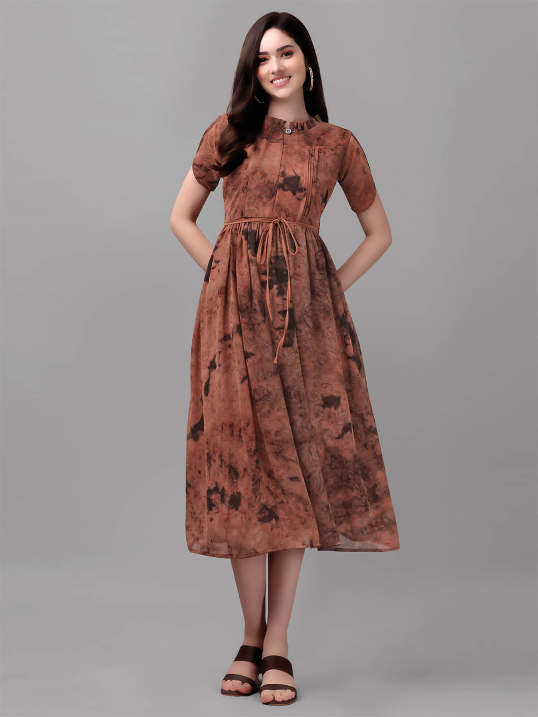 gufrina Women Rayon Printed Fit & Flare Dress ( Brown )     			gufrina Women Rayon Printed Fit & Flare Dress ( Brown )