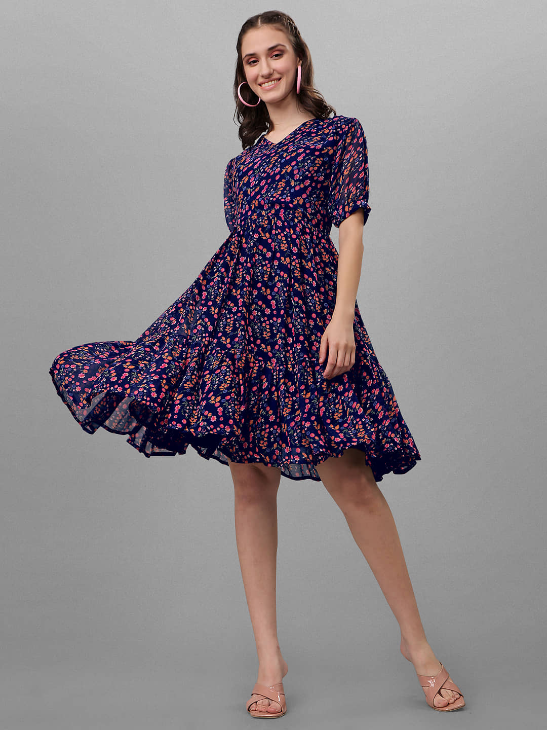 gufrina Women Rayon Printed Fit & Flare Dress ( Navy )