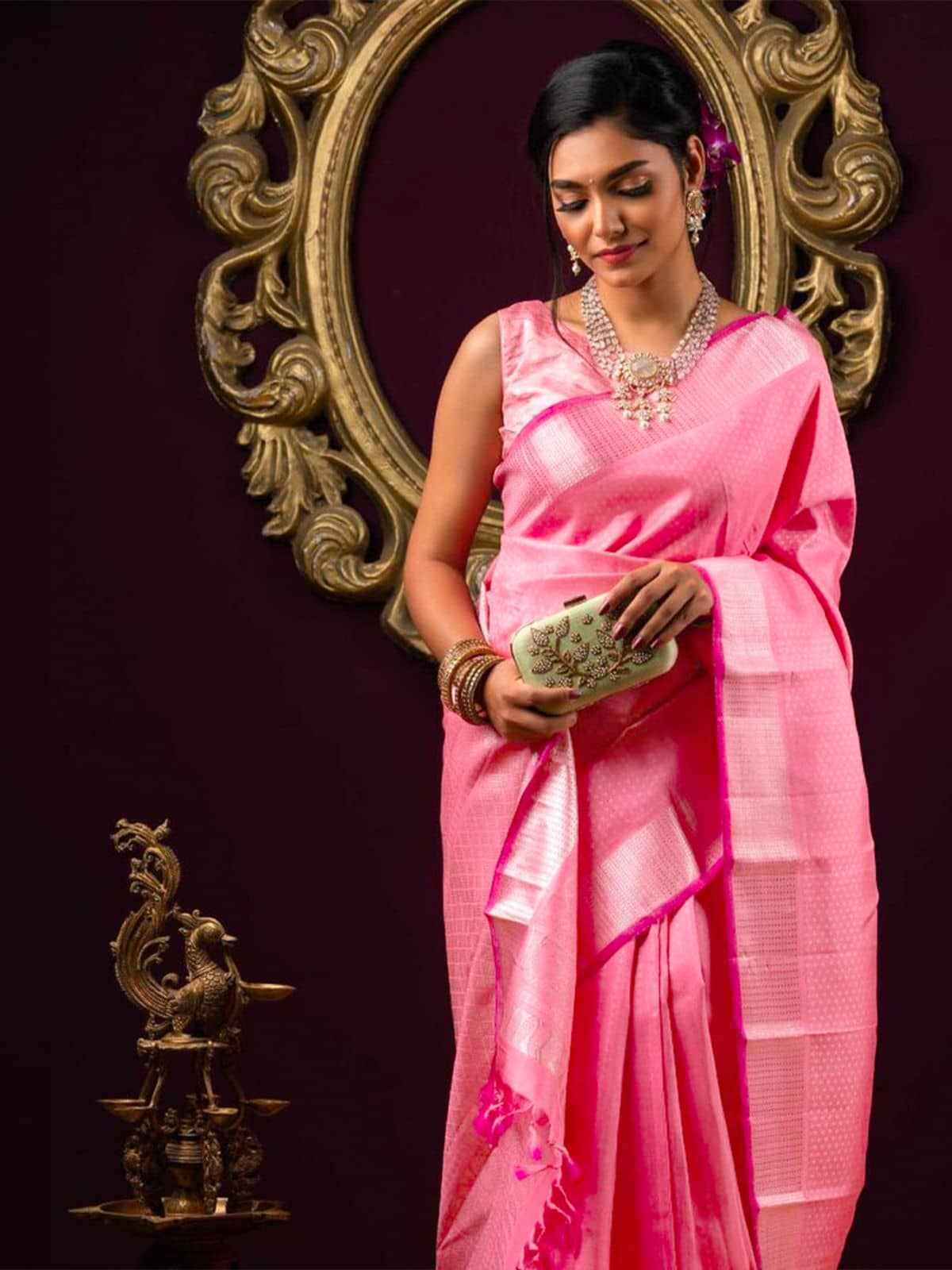 BLEESBURY Banarasi Silk Woven Saree With Unstitched Blouse Piece ( Pink ) - Sarees | Buy online on ZillyBuy
