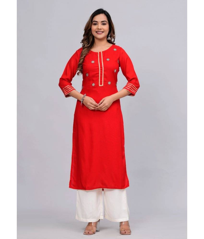 MAUKA Rayon Embroidered Kurti With Palazzo Women's Stitched Salwar Suit - Red ( Pack of 1 )     			MAUKA Rayon Embroidered Kurti With Palazzo Women's Stitched Salwar Suit - Red ( Pack of 1 )