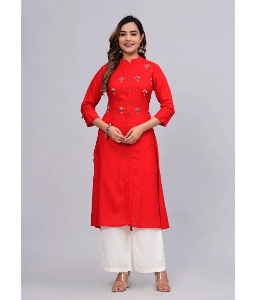     			MAUKA Rayon Embroidered Kurti With Palazzo Women's Stitched Salwar Suit - Red ( Pack of 1 )