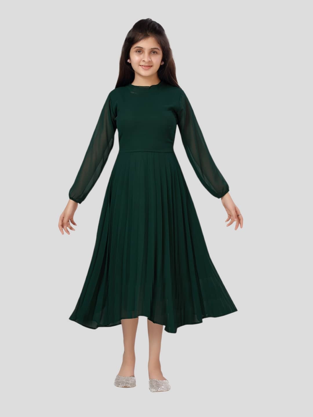 Aarika Georgette Fit And Flare Dress For Girls ( Pack of 1 , Dark Green )
