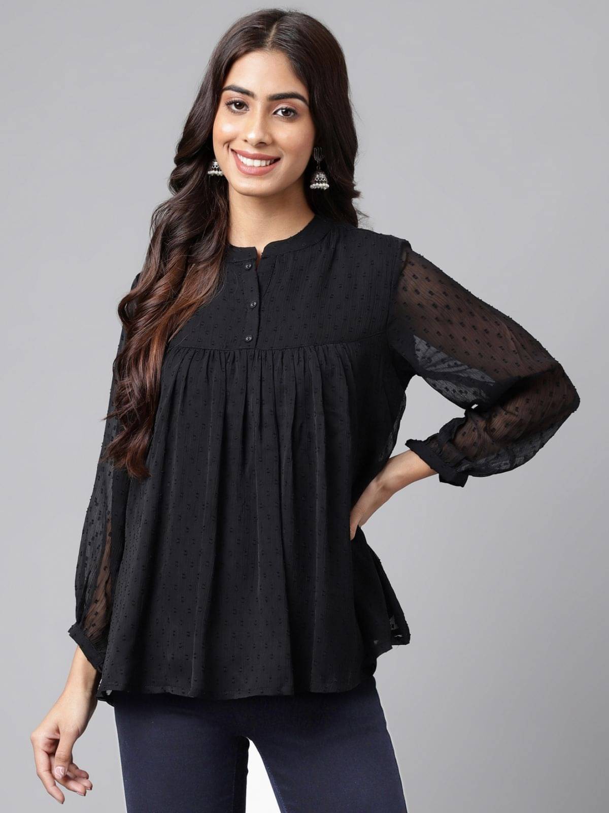 Janasya Women's Chiffon A-Line Top ( Black )     			Janasya Women's Chiffon A-Line Top ( Black )