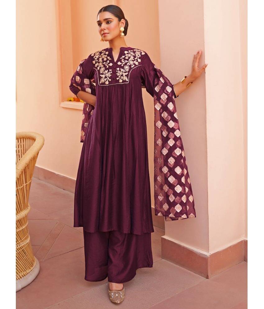 Janasya Chanderi Embroidered Kurti With Palazzo Women's Stitched Salwar Suit - Purple ( Pack of 1 ) Janasya Chanderi Embroidered Kurti With Palazzo Women's Stitched Salwar Suit - Purple ( Pack of 1 )