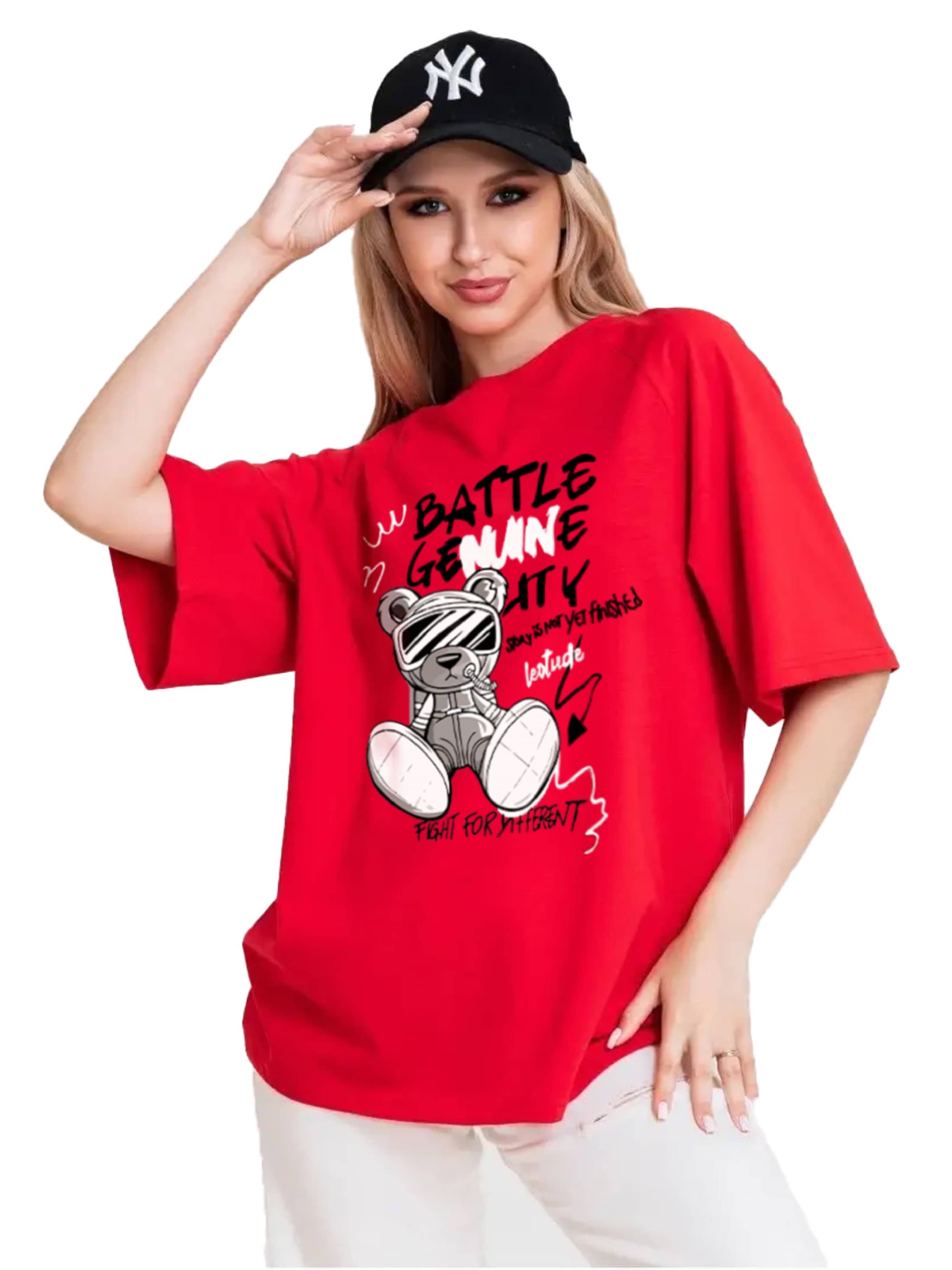Leotude Women Cotton Blend Printed Oversized Fit Round Neck T-Shirt ( Red )