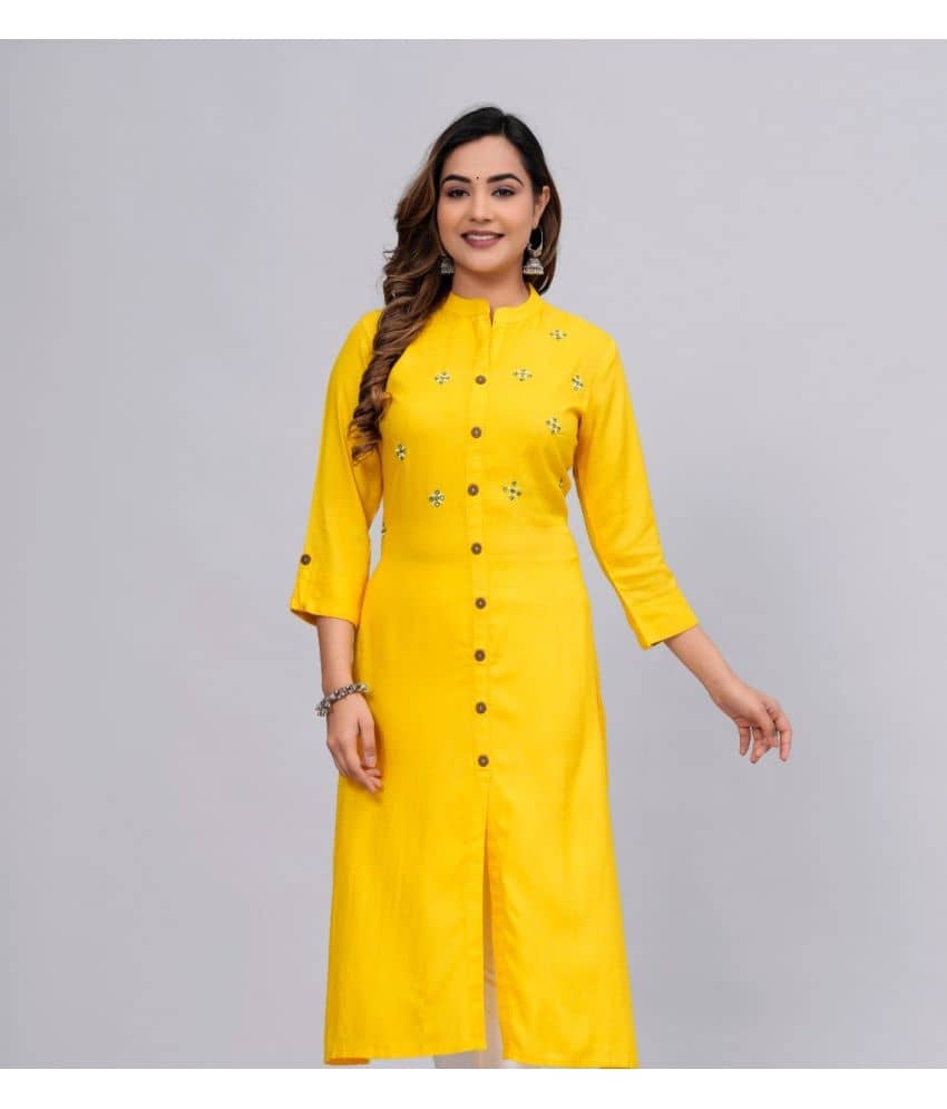 MAUKA Rayon Embellished Front Slit Women's Kurti - Yellow ( Pack of 1 ) - Kurtis, Tunics | Buy online on ZillyBuy