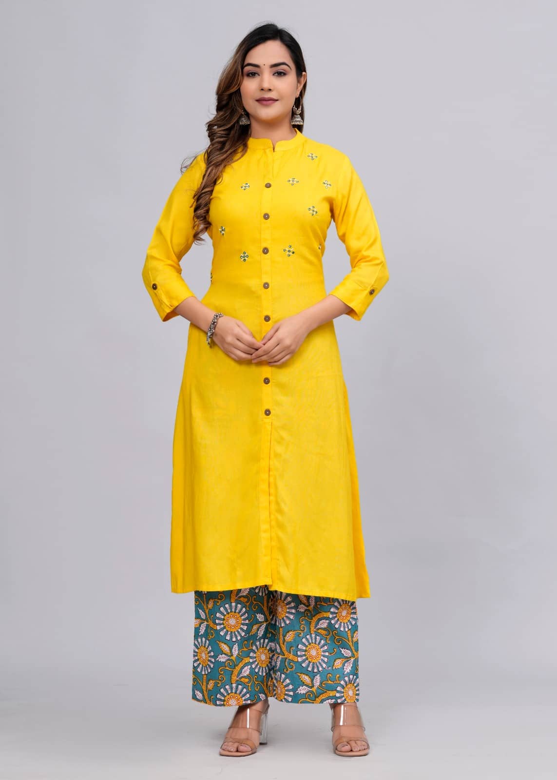 MAUKA Rayon Embellished Kurti With Palazzo Women's Stitched Salwar Suit - Yellow ( Pack of 1 )