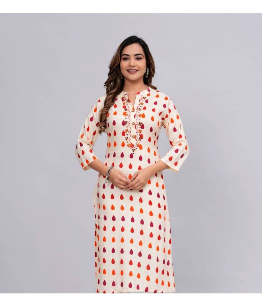 MAUKA Rayon Printed Straight Women's Kurti - Beige ( Pack of 1 ) MAUKA Rayon Printed Straight Women's Kurti - Beige ( Pack of 1 )