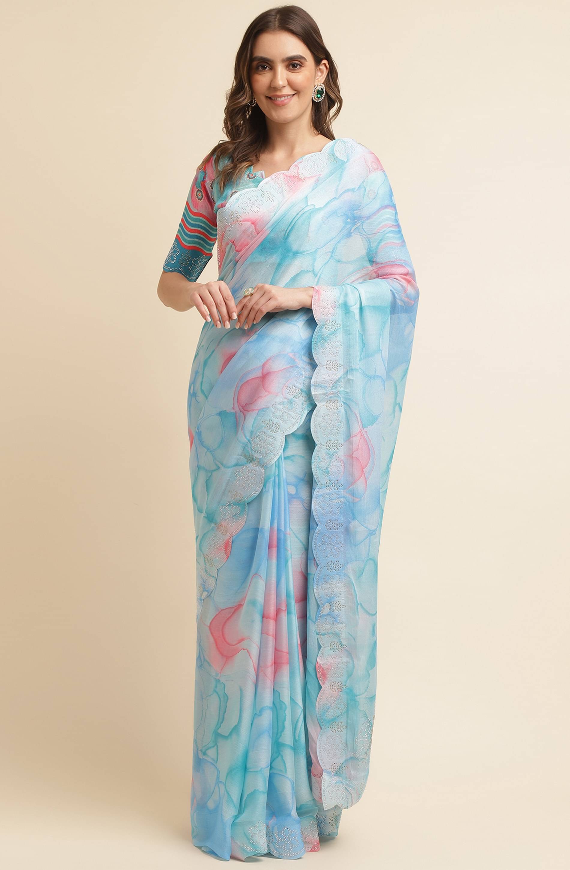     			Rekha Maniyar Chiffon Printed Saree With Unstitched Blouse Piece ( LightBLue )