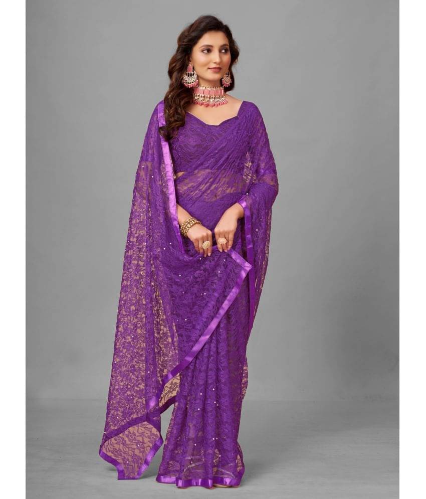     			VANRAJ CREATION Brasso Self Design Saree With Unstitched Blouse Piece ( Purple )