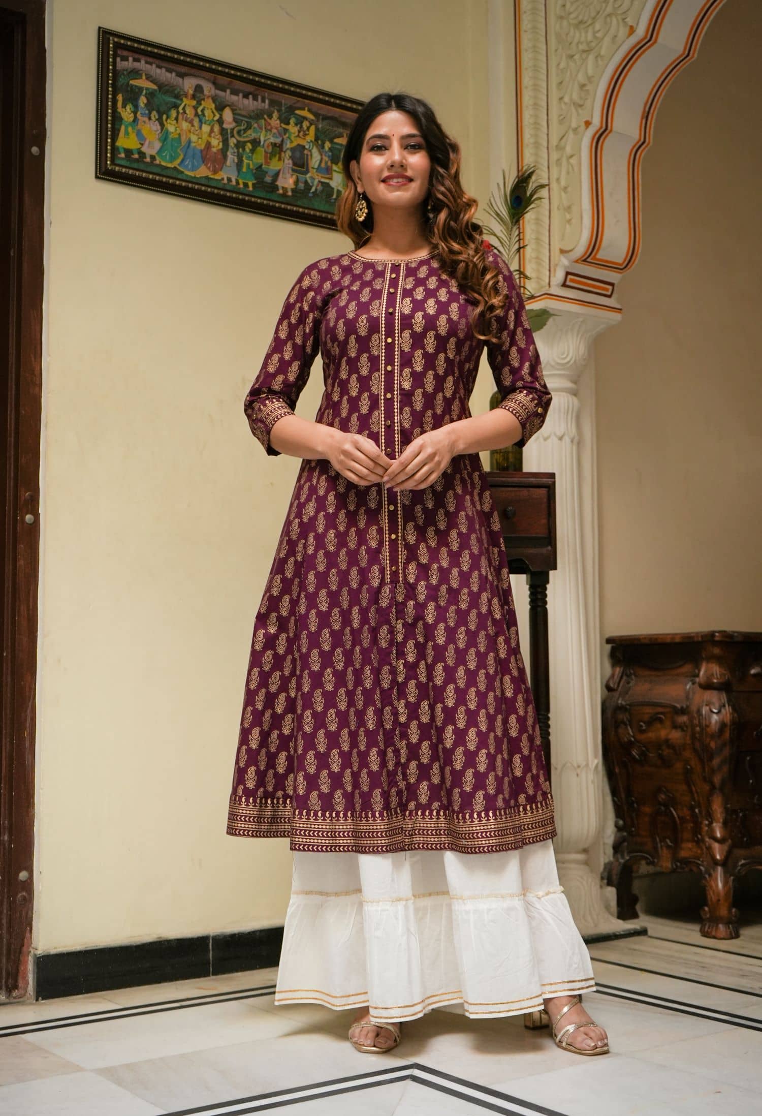 Yash Gallery Cotton Printed Anarkali Women's Kurti - Wine ( Pack of 1 ) - Kurtis, Tunics | Buy online on ZillyBuy