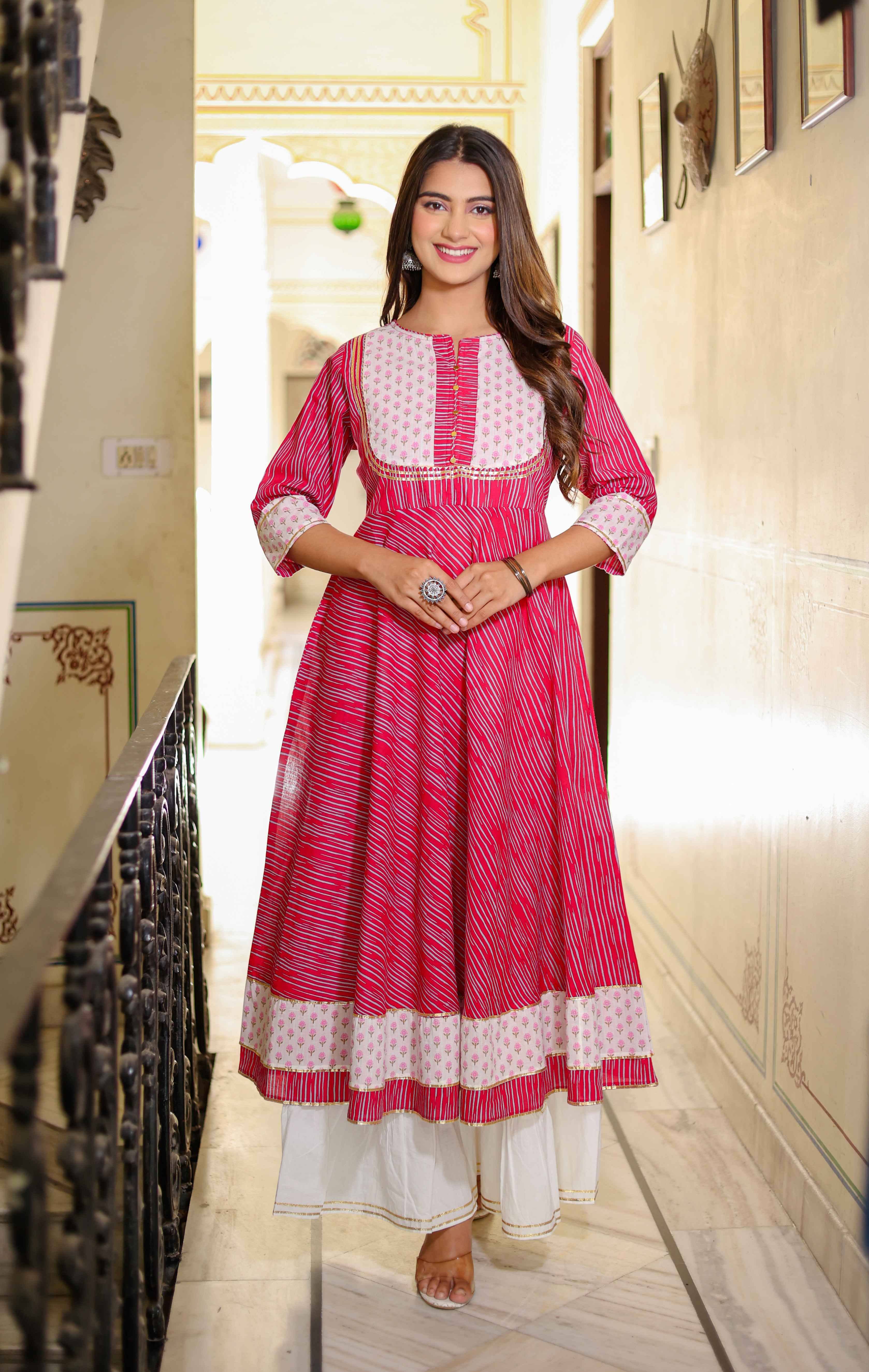 Yash Gallery Cotton Printed Anarkali Women's Kurti - Pink ( Pack of 1 ) - Kurtis, Tunics | Buy online on ZillyBuy
