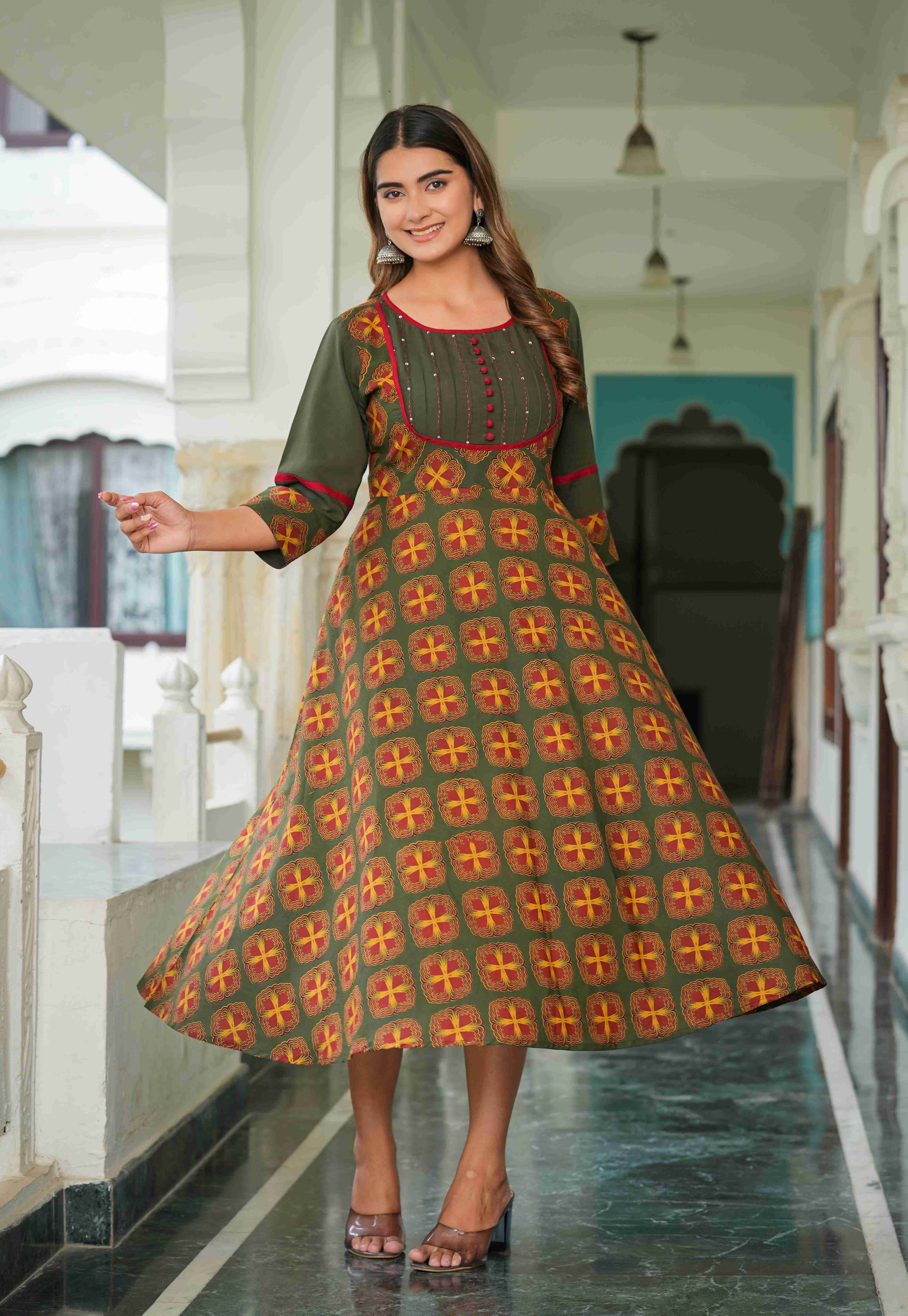 Yash Gallery Cotton Printed Anarkali Women's Kurti - Green ( Pack of 1 ) - Kurtis, Tunics | Buy online on ZillyBuy