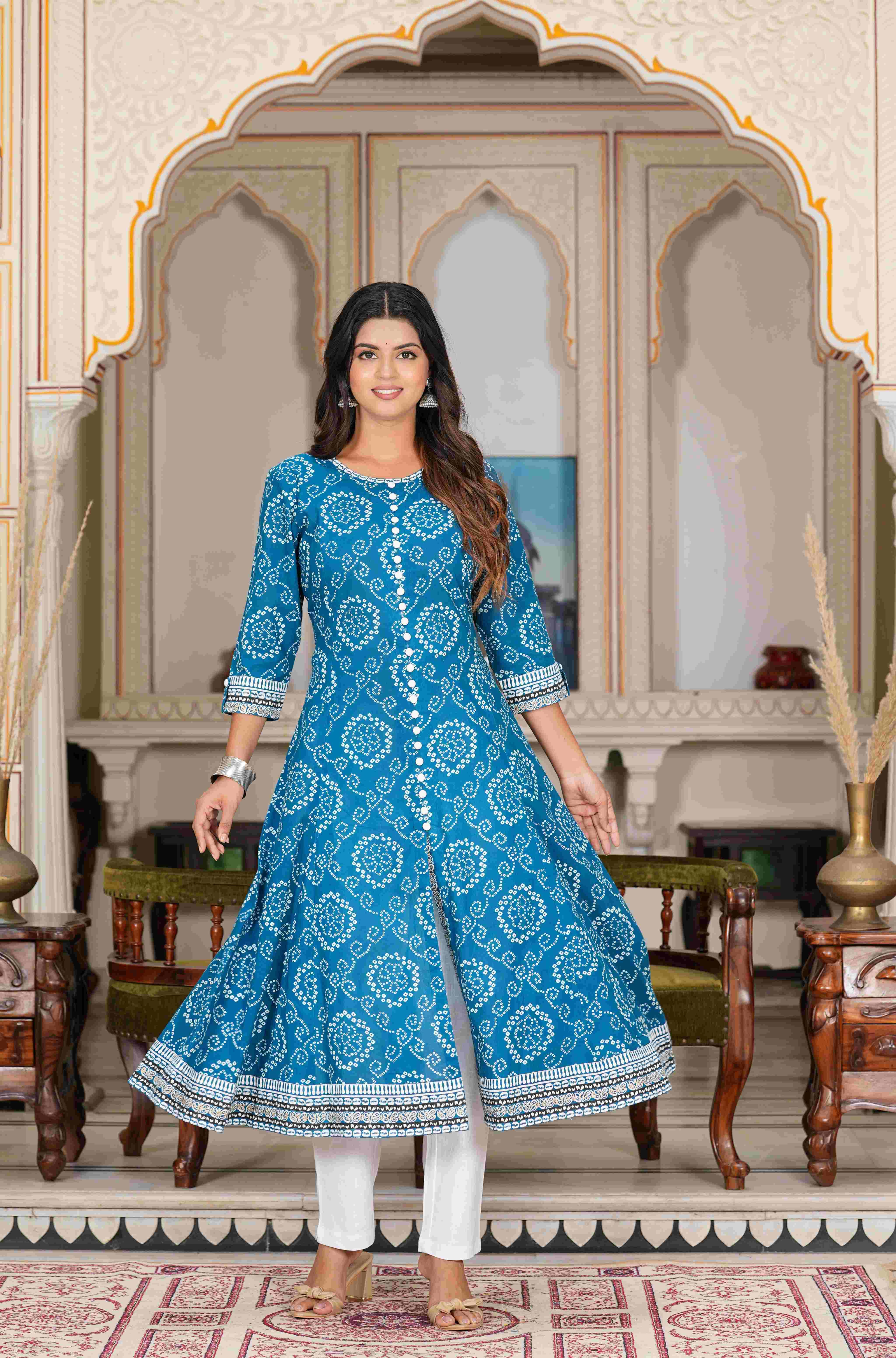 Yash Gallery Cotton Printed Anarkali Women's Kurti - Blue ( Pack of 1 ) - Kurtis, Tunics | Buy online on ZillyBuy
