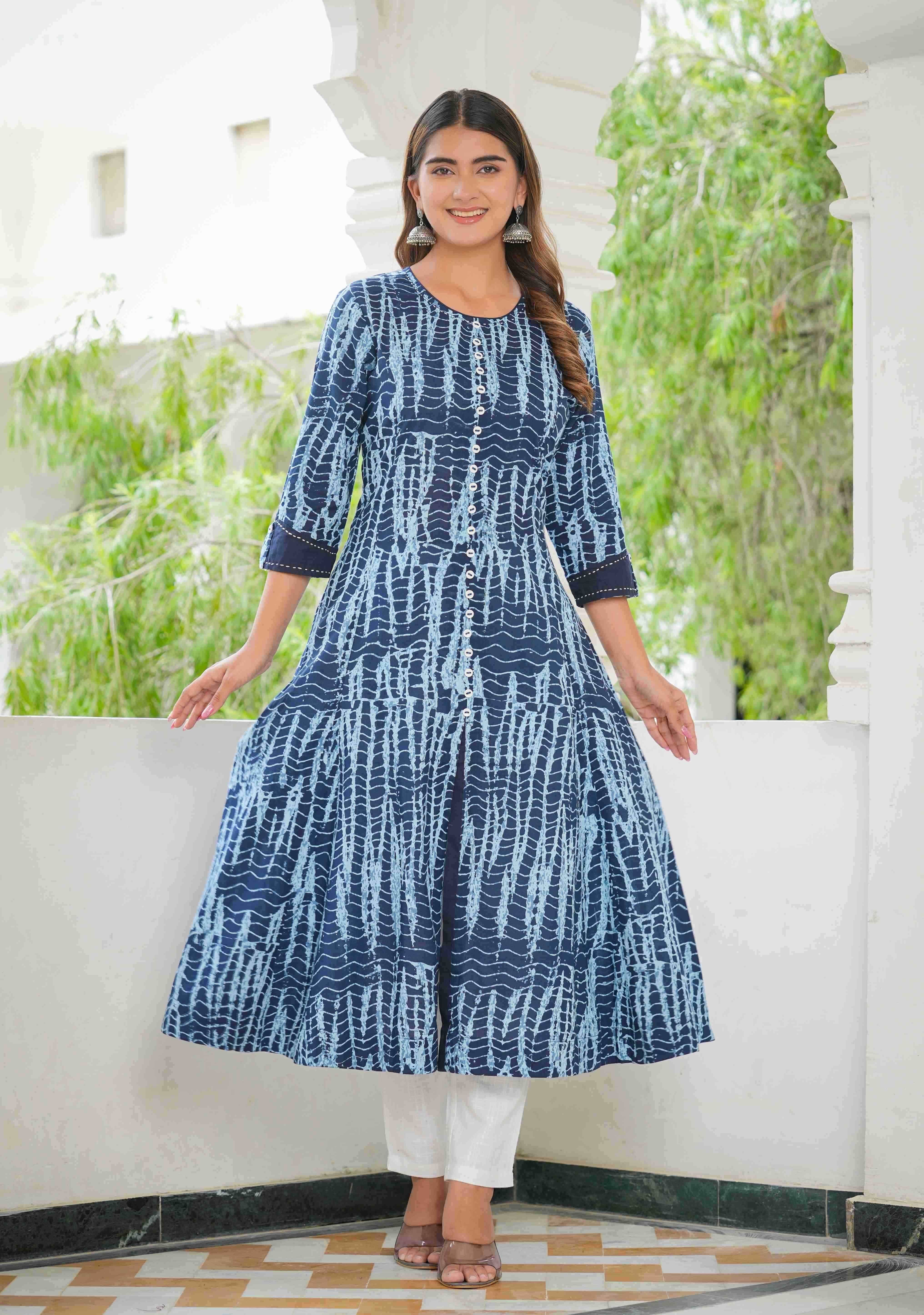 Yash Gallery Cotton Printed Anarkali Women's Kurti - Blue ( Pack of 1 ) - Kurtis, Tunics | Buy online on ZillyBuy