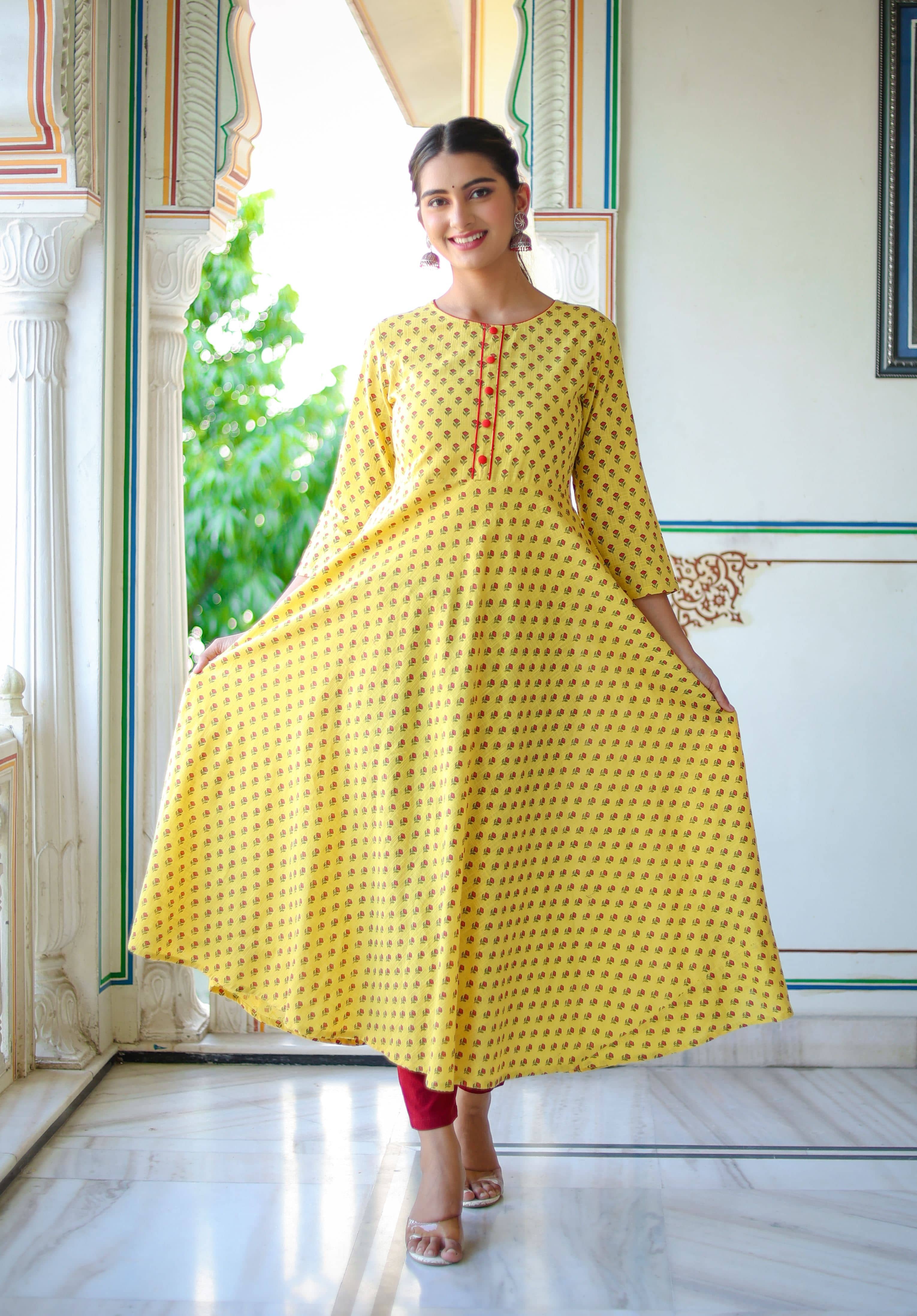 Yash Gallery Cotton Printed Anarkali Women's Kurti - Yellow ( Pack of 1 ) - Kurtis, Tunics | Buy online on ZillyBuy