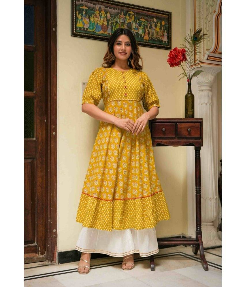     			Yash Gallery Cotton Printed Anarkali Women's Kurti - Mustard ( Pack of 1 )