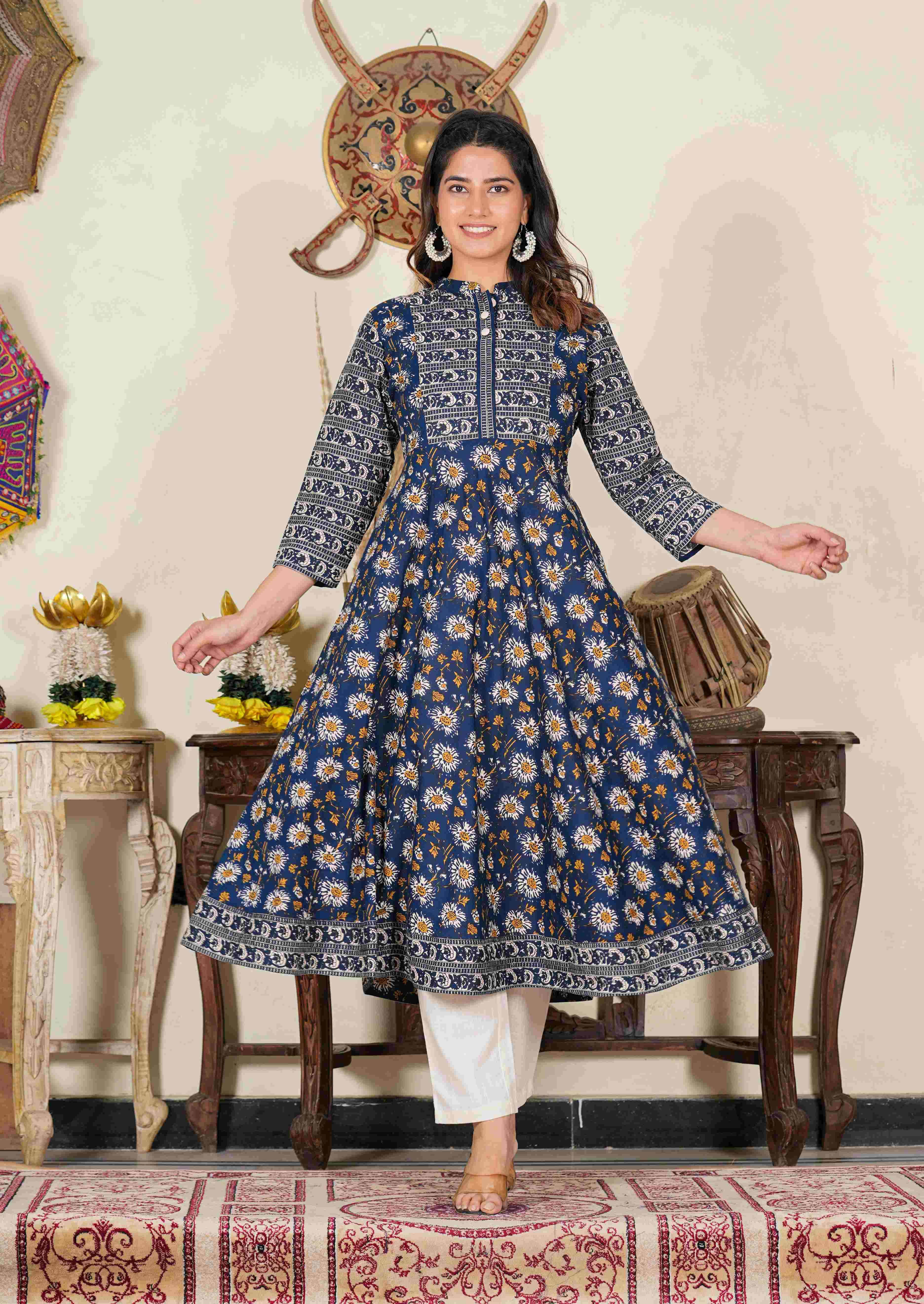 Yash Gallery Cotton Printed Anarkali Women's Kurti - Blue ( Pack of 1 ) Yash Gallery Cotton Printed Anarkali Women's Kurti - Blue ( Pack of 1 )