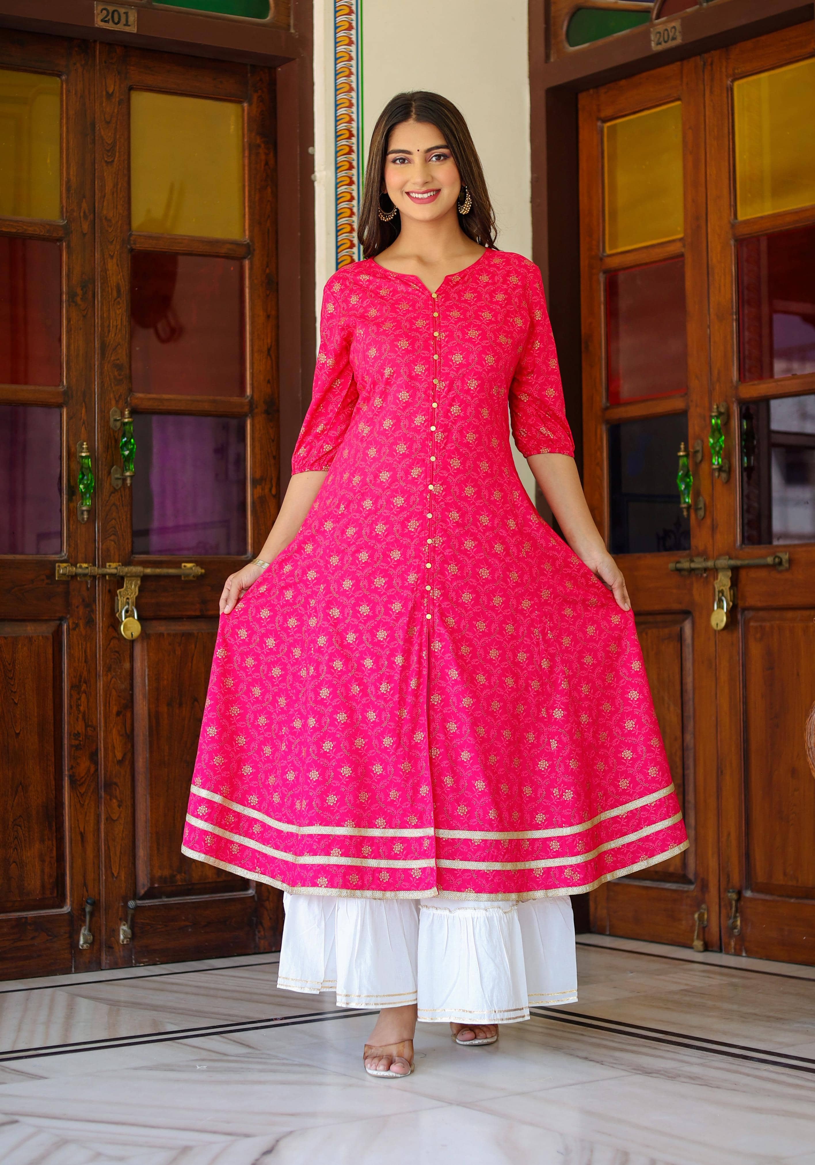 Yash Gallery Rayon Printed Anarkali Women's Kurti - Pink ( Pack of 1 ) - Kurtis, Tunics | Buy online on ZillyBuy