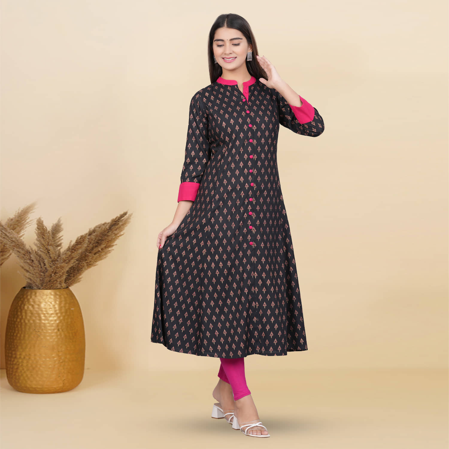 Yash Gallery Rayon Printed Anarkali Women's Kurti - Black ( Pack of 1 ) - Kurtis, Tunics | Buy online on ZillyBuy