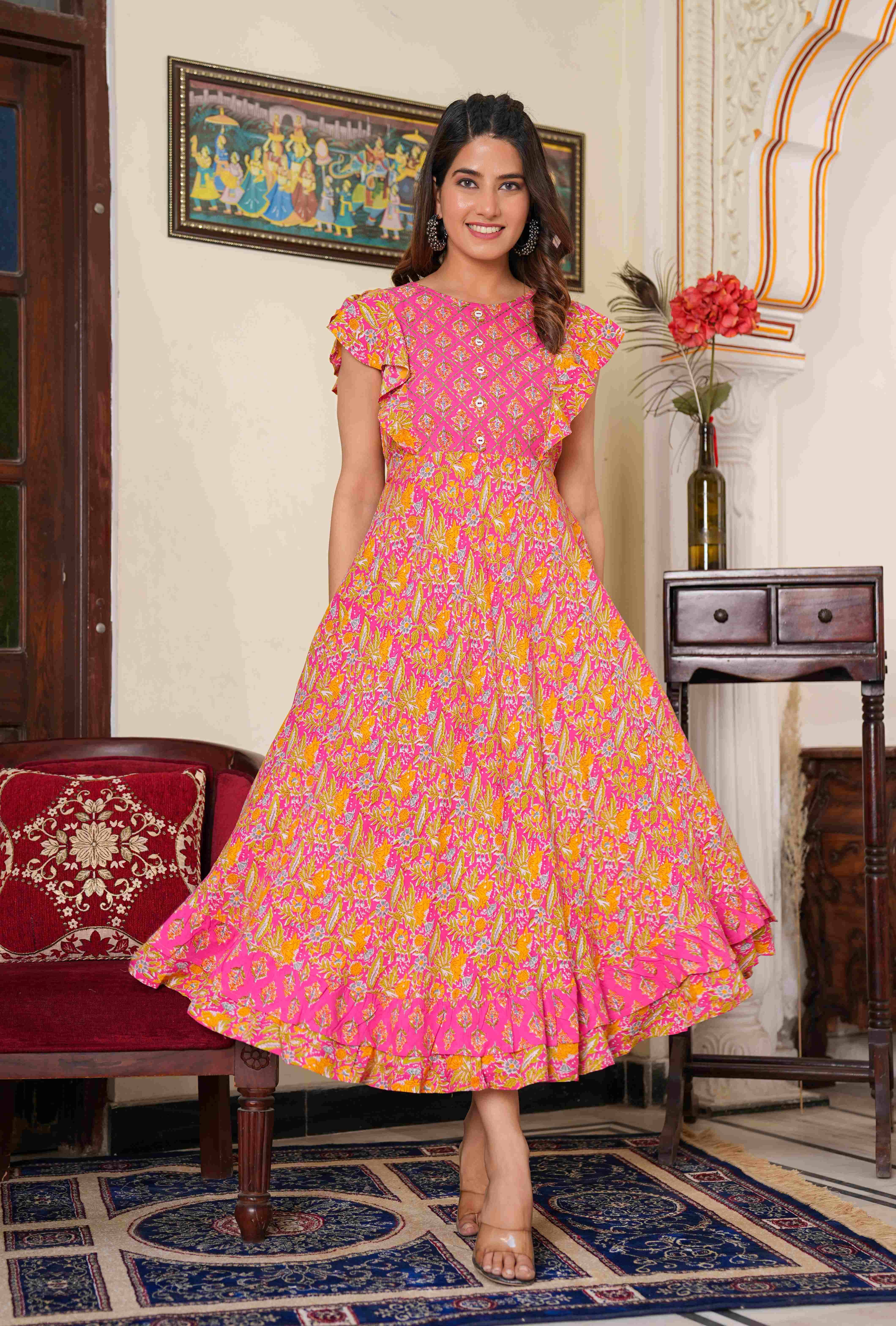 Yash Gallery Rayon Printed Anarkali Women's Kurti - Pink ( Pack of 1 ) - Kurtis, Tunics | Buy online on ZillyBuy
