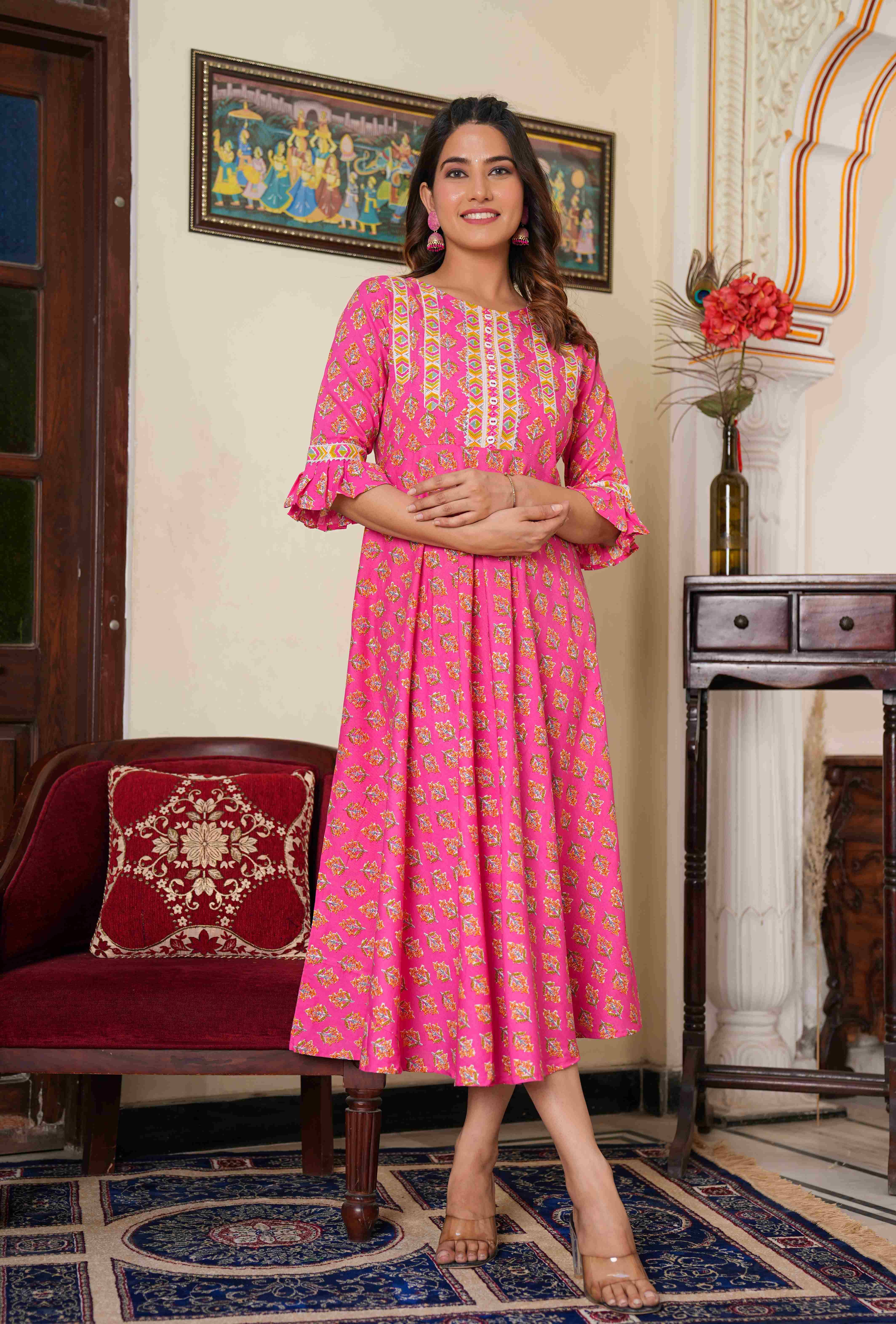 Yash Gallery Rayon Printed Anarkali Women's Kurti - Pink ( Pack of 1 ) - Kurtis, Tunics | Buy online on ZillyBuy
