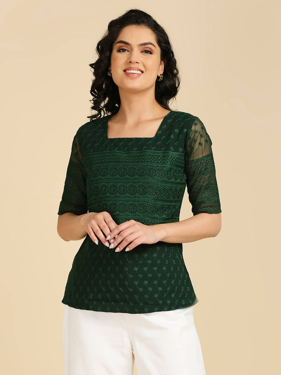 gufrina Women's Georgette Regular Top ( Green )