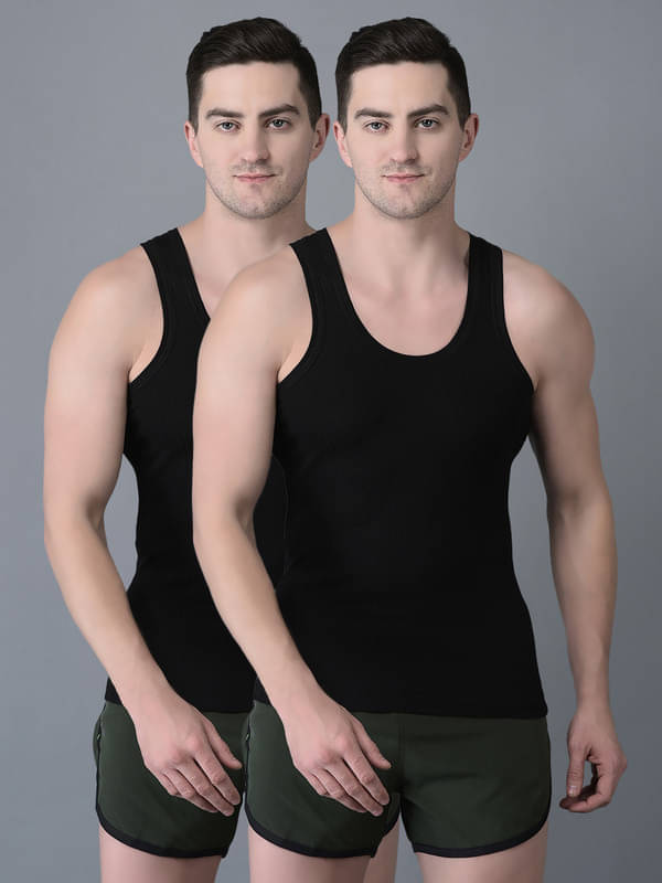     			Dollar Bigboss Men's Black Pack of 2 Solid Combed Cotton Vest