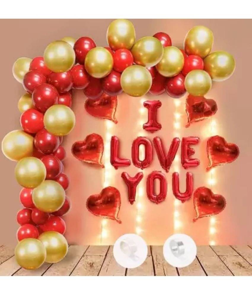     			KR HAPPY ANNIVERSARY /  VALENTINE DAY PARTY DECORATION PARTY DECORATION WITH I LOVE YOU FOIL BALLOON, 4 RED FOIL HEART, 2 GOLDEN CURTAIN, 20 RED 20 GOLD BALLOON 1 ARCH 1 GLUE