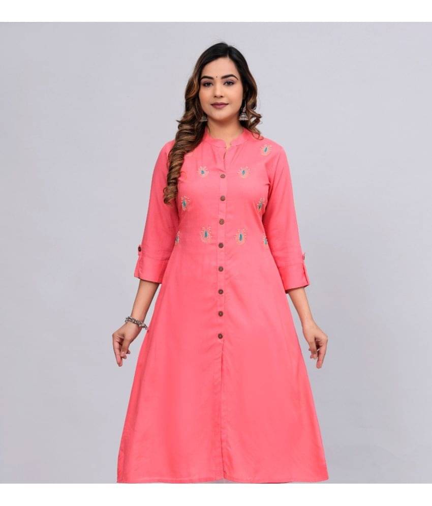 MAUKA Rayon Embroidered Front Slit Women's Kurti - Pink ( Pack of 1 ) MAUKA Rayon Embroidered Front Slit Women's Kurti - Pink ( Pack of 1 )