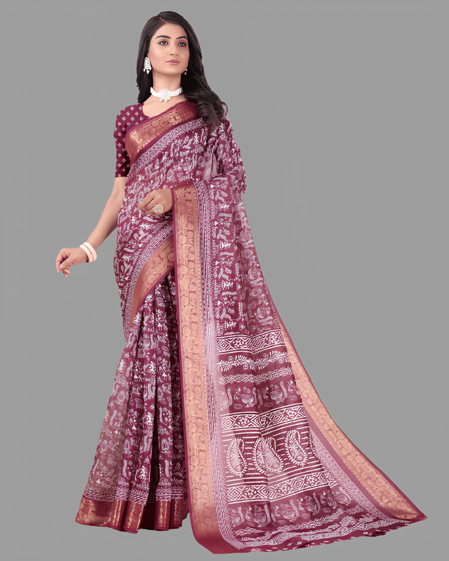     			Sitanjali Cotton Printed Saree With Unstitched Blouse Piece ( Brown )