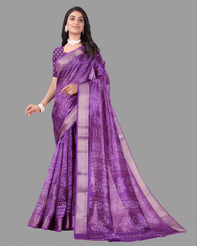     			Sitanjali Cotton Printed Saree With Unstitched Blouse Piece ( Purple )