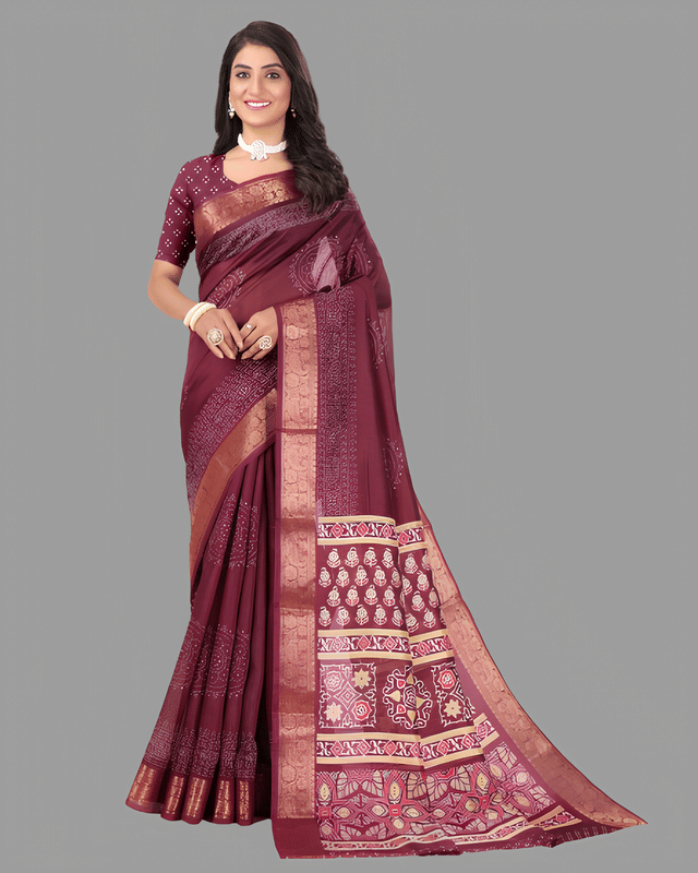     			Sitanjali Lifestyle Cotton Printed Saree With Unstitched Blouse Piece ( Maroon )
