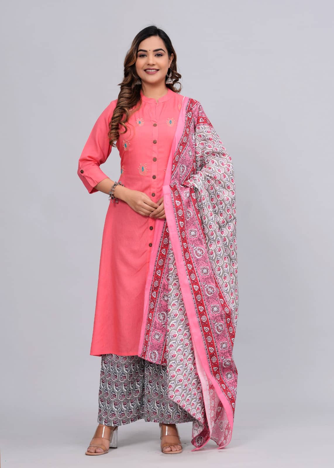 MAUKA Rayon Embroidered Kurti With Palazzo Women's Stitched Salwar Suit - Pink ( Pack of 1 )