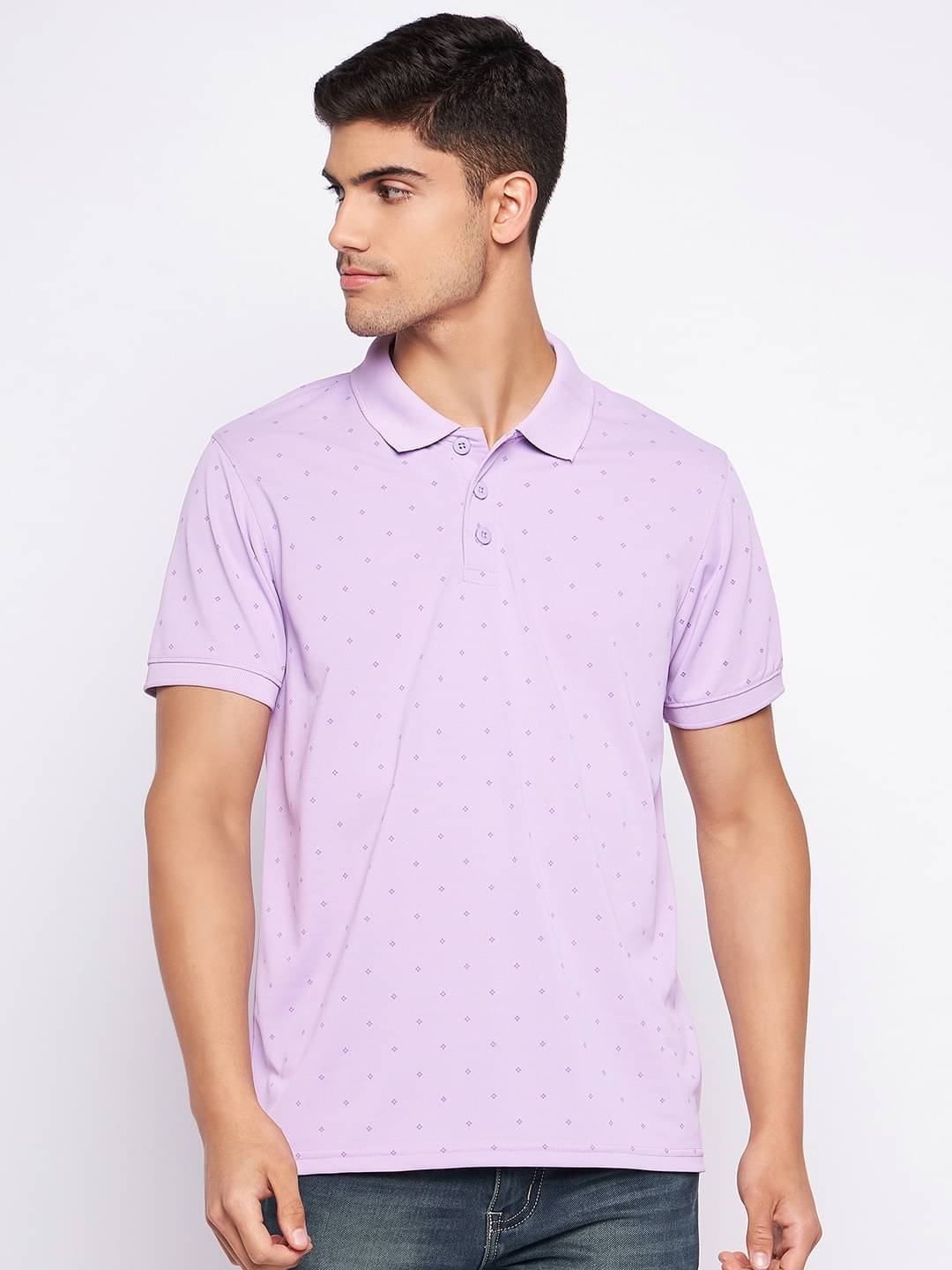 Auxamis Pack of 1 Cotton Blend Regular Fit Printed Half Sleeves Men's Polo T Shirt ( Lavender ) Auxamis Pack of 1 Cotton Blend Regular Fit Printed Half Sleeves Men's Polo T Shirt ( Lavender )